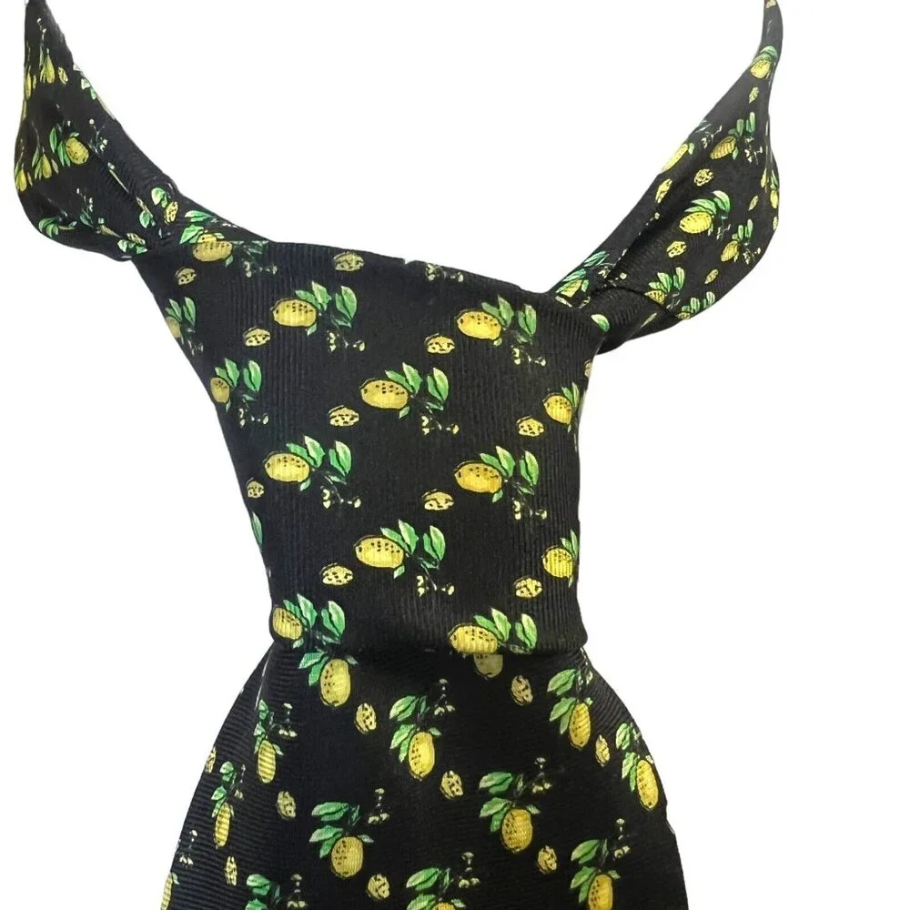 Galizia Mens Silk Navy Blue Ditsy Lemon Print Tie Made In Italy 3 .75